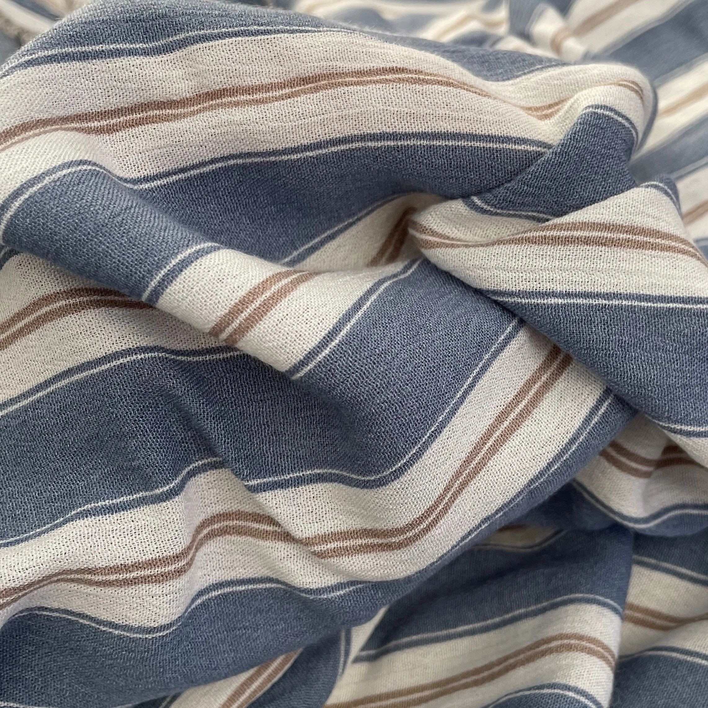 58" 100% Cotton Pima Chambray Striped Blue Gold Light Apparel Woven Fabric By the Yard