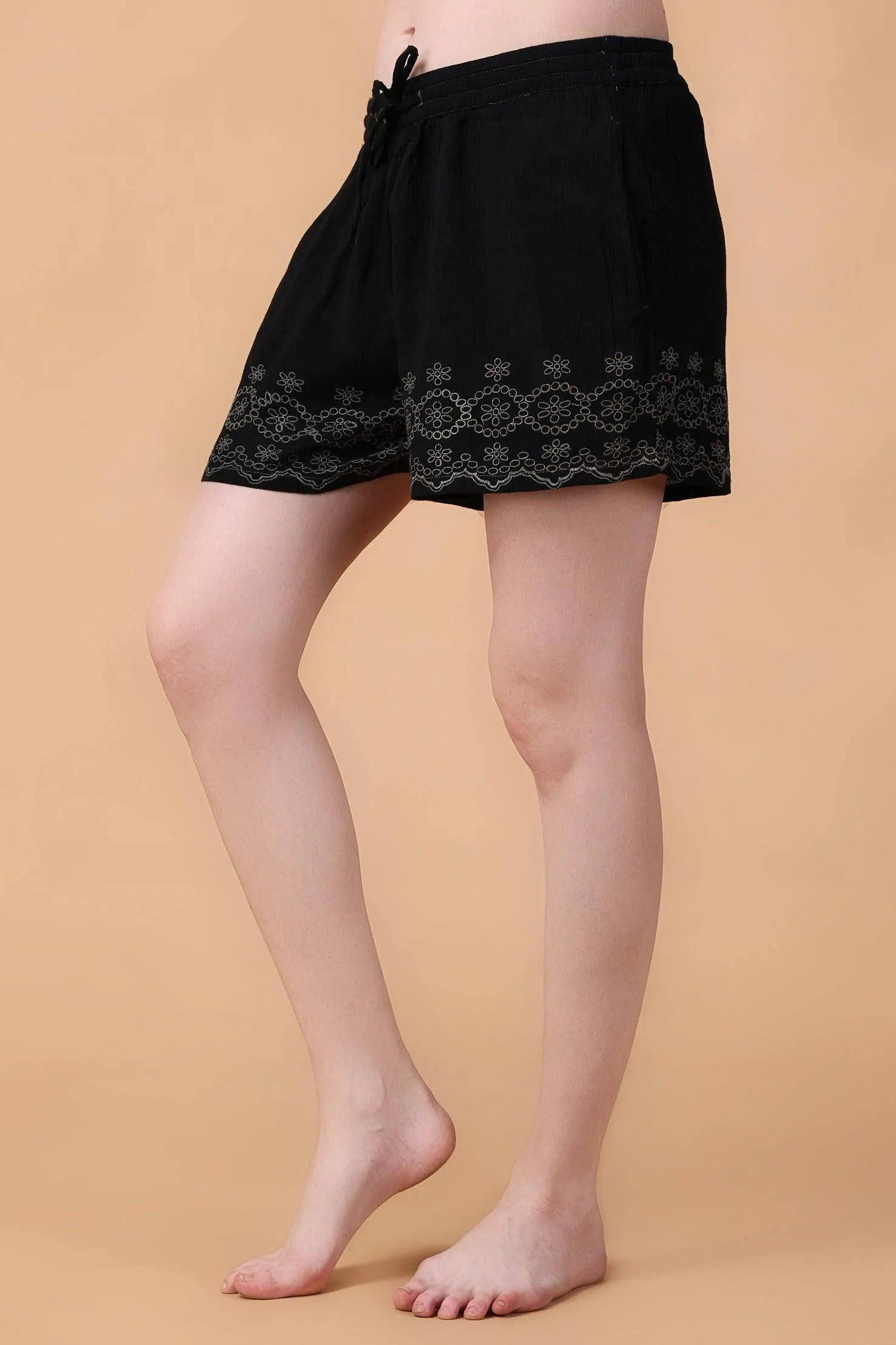 Black Solid Shorts with Embroided Border