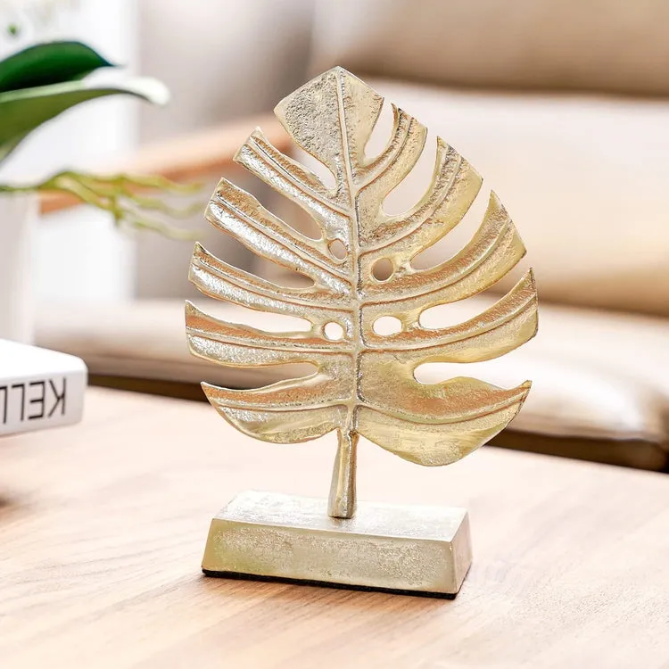 Brass Tone Palm Leaf Sculpture Decor, Monstera Plant Brass Statue