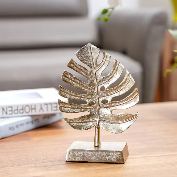 Brass Tone Palm Leaf Sculpture Decor, Monstera Plant Brass Statue