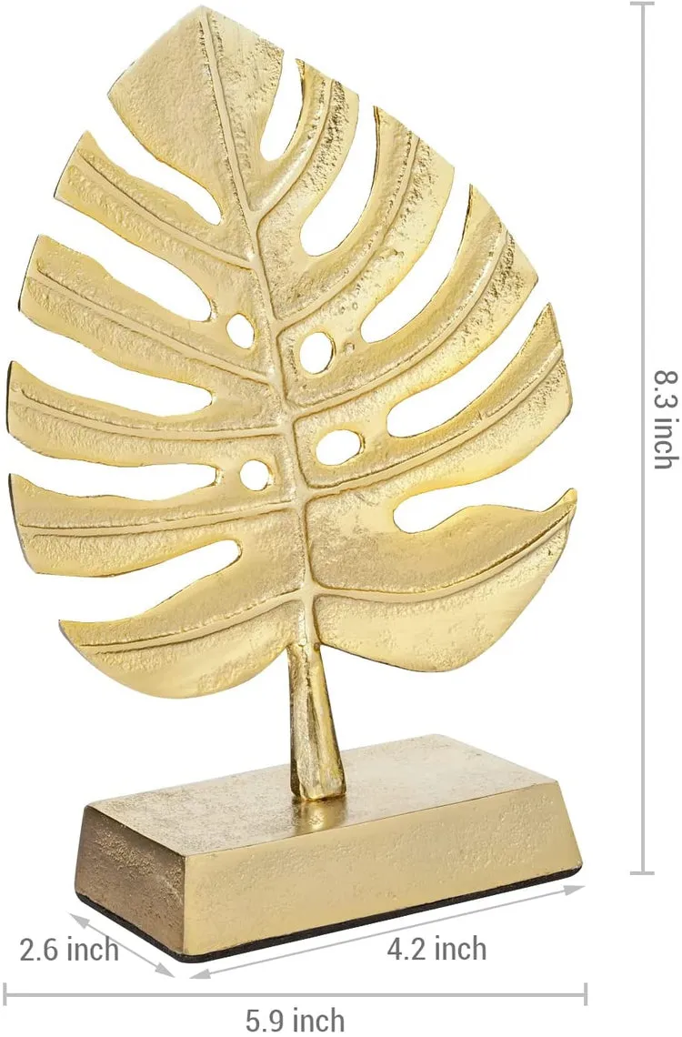 Brass Tone Palm Leaf Sculpture Decor, Monstera Plant Brass Statue