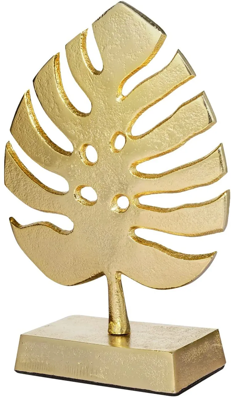 Brass Tone Palm Leaf Sculpture Decor, Monstera Plant Brass Statue