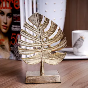 Brass Tone Palm Leaf Sculpture Decor, Monstera Plant Brass Statue