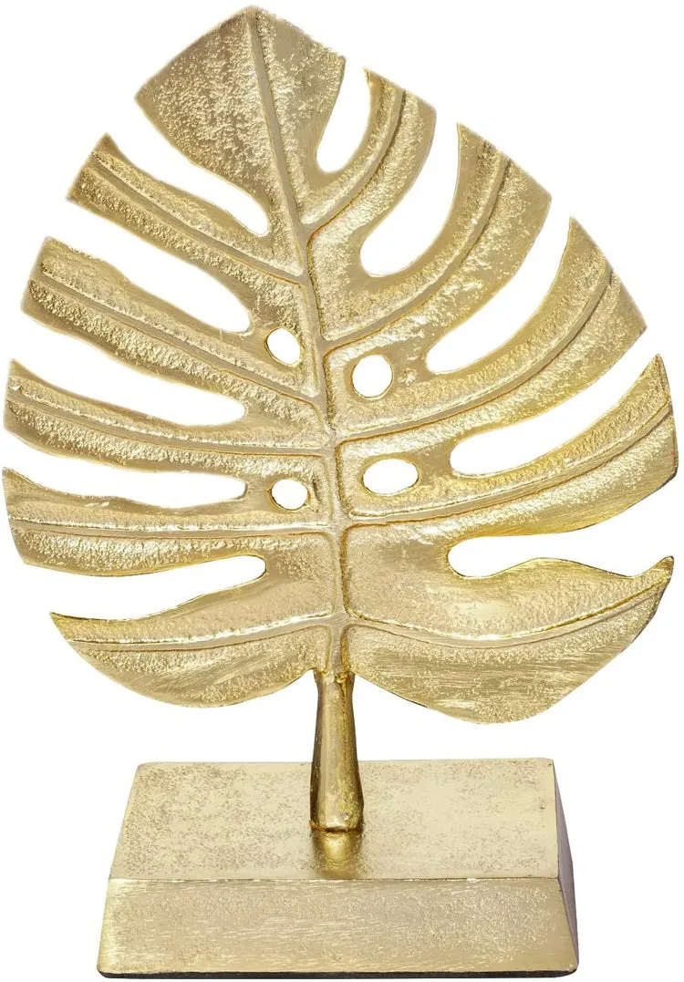 Brass Tone Palm Leaf Sculpture Decor, Monstera Plant Brass Statue