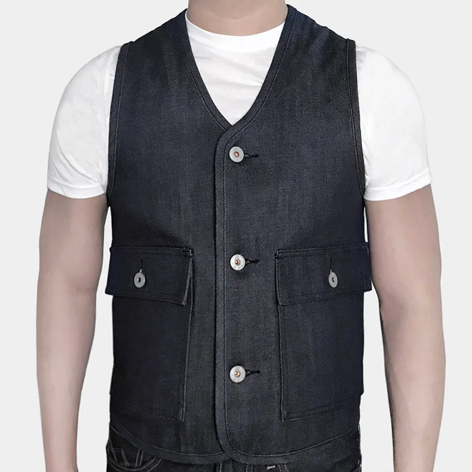 BZEN M.3034-THE GENT SLIM FIT 4 POCKET VEST-13.5oz-SELVEDGE-RAW INDIGO