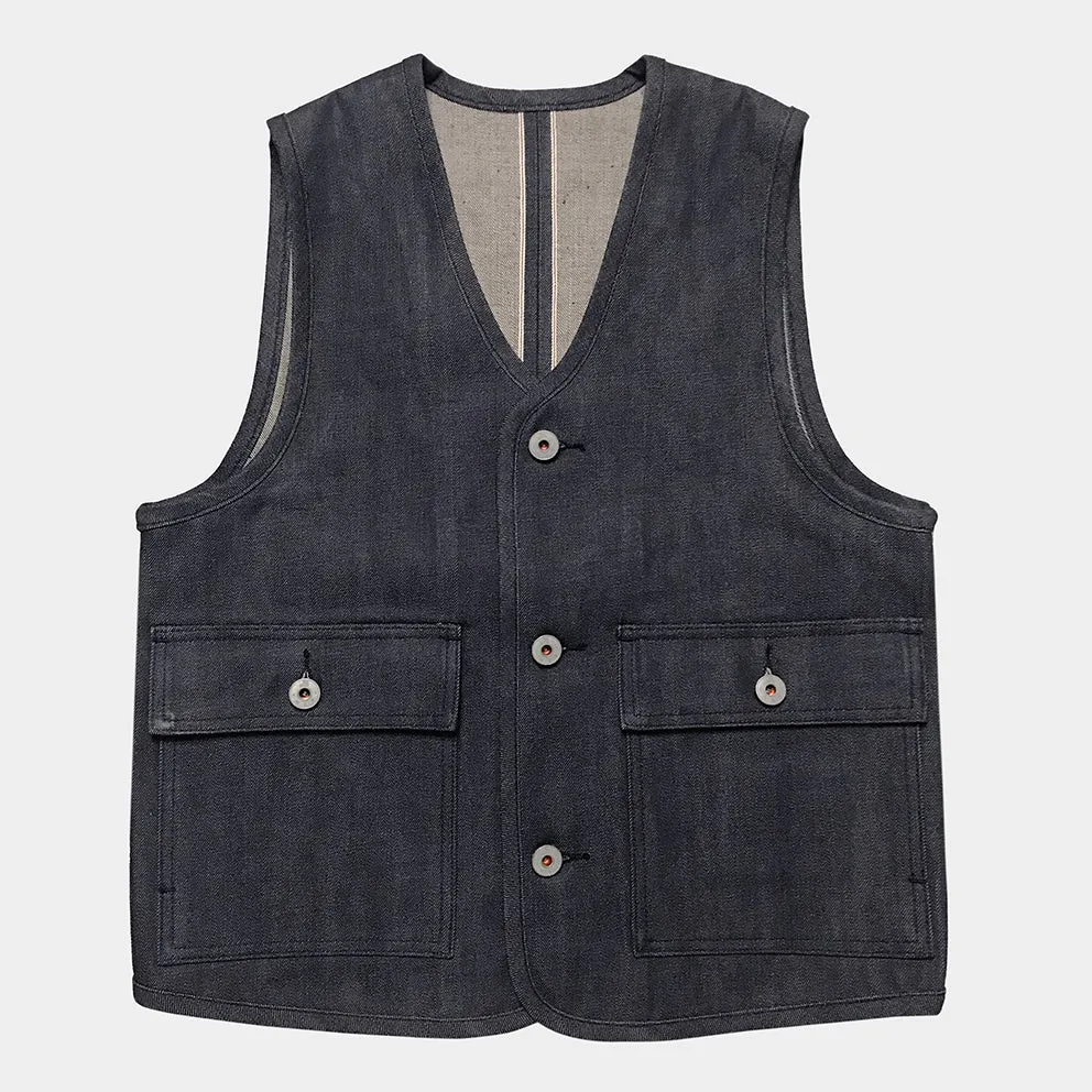 BZEN M.3034-THE GENT SLIM FIT 4 POCKET VEST-13.5oz-SELVEDGE-RAW INDIGO
