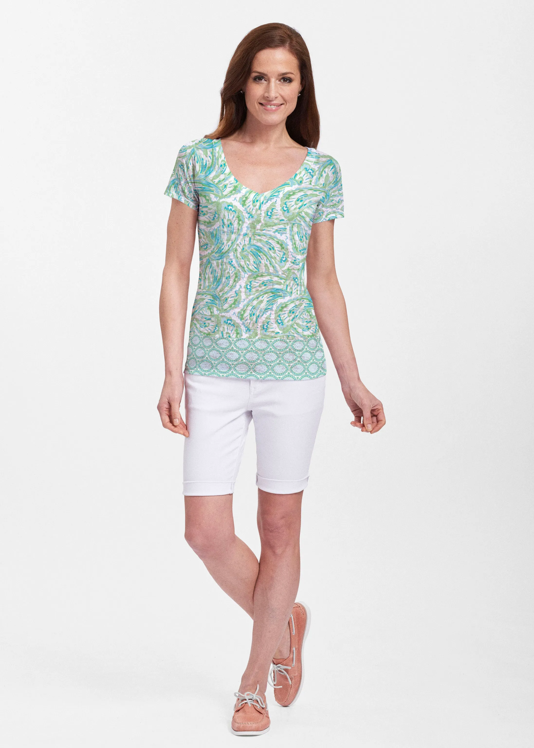 Coastal Paisley Lace Green (7690) ~ Sheer Short Sleeve V-Neck Shirt