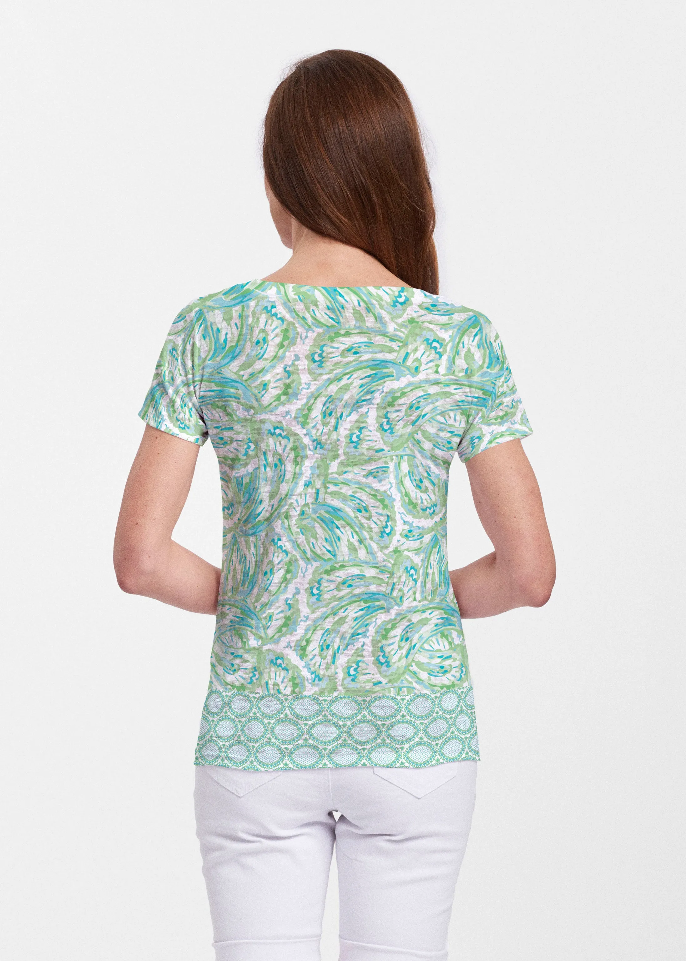 Coastal Paisley Lace Green (7690) ~ Sheer Short Sleeve V-Neck Shirt