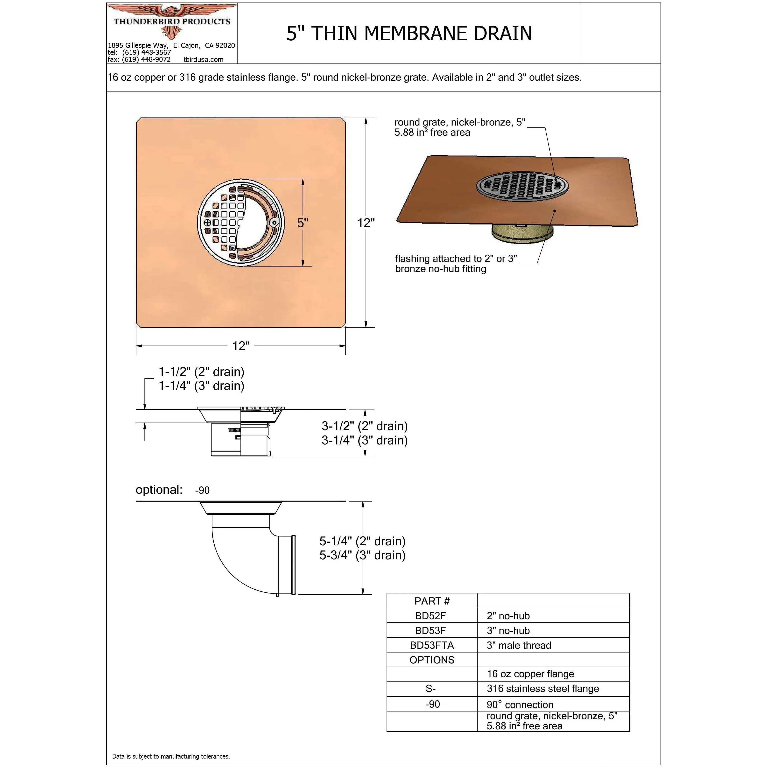 Copper 5" Thin Membrane Deck Drain