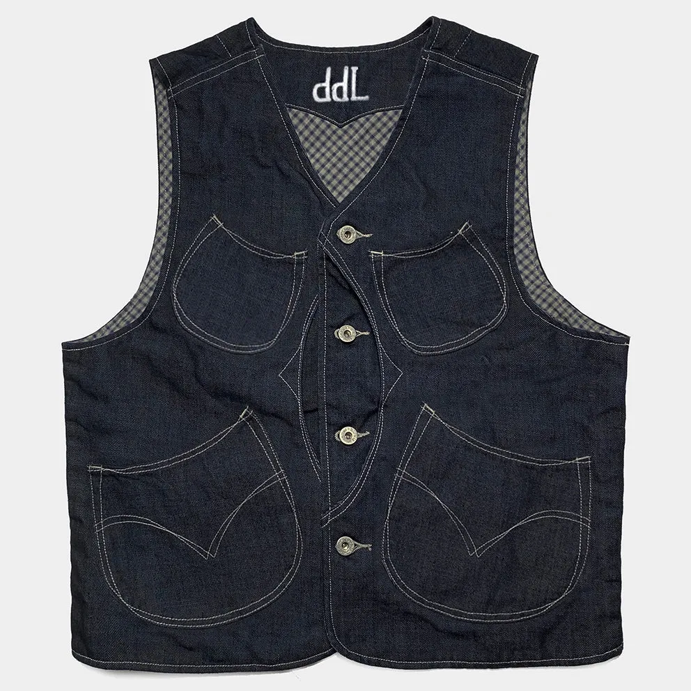 DDL 320R-BRETT2 LUCKY-D6 REGULAR FIT VINTAGE INSPIRED LINED 6 POCKET DEAD STOCK LHT INDIGO DENIM VEST-13OZ-HRH INDIGO