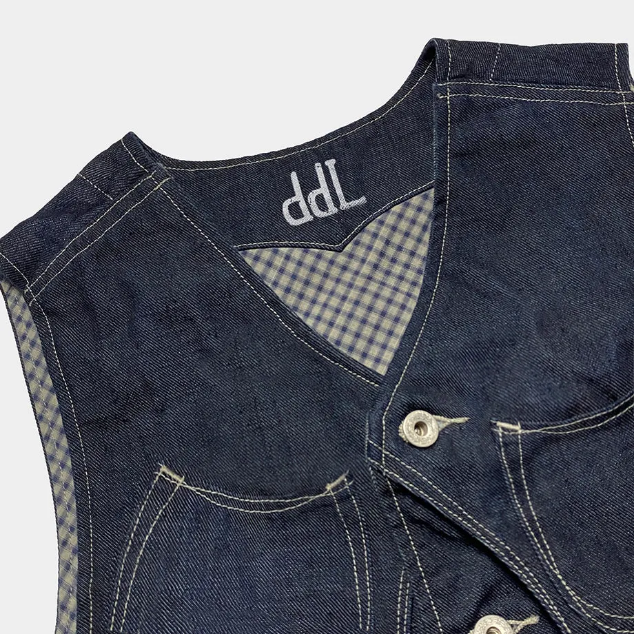 DDL 320R-BRETT2 LUCKY-D6 REGULAR FIT VINTAGE INSPIRED LINED 6 POCKET DEAD STOCK LHT INDIGO DENIM VEST-13OZ-HRH INDIGO