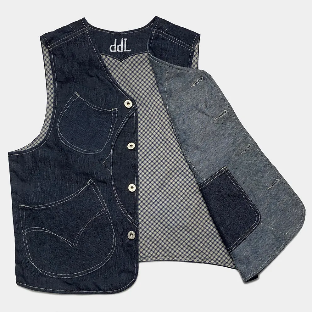 DDL 320R-BRETT2 LUCKY-D6 REGULAR FIT VINTAGE INSPIRED LINED 6 POCKET DEAD STOCK LHT INDIGO DENIM VEST-13OZ-HRH INDIGO
