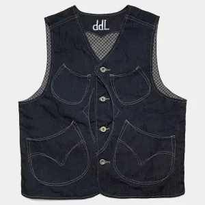 DDL 320R-BRETT2 LUCKY-D6 REGULAR FIT VINTAGE INSPIRED LINED 6 POCKET DEAD STOCK LHT INDIGO DENIM VEST-13OZ-HRH INDIGO