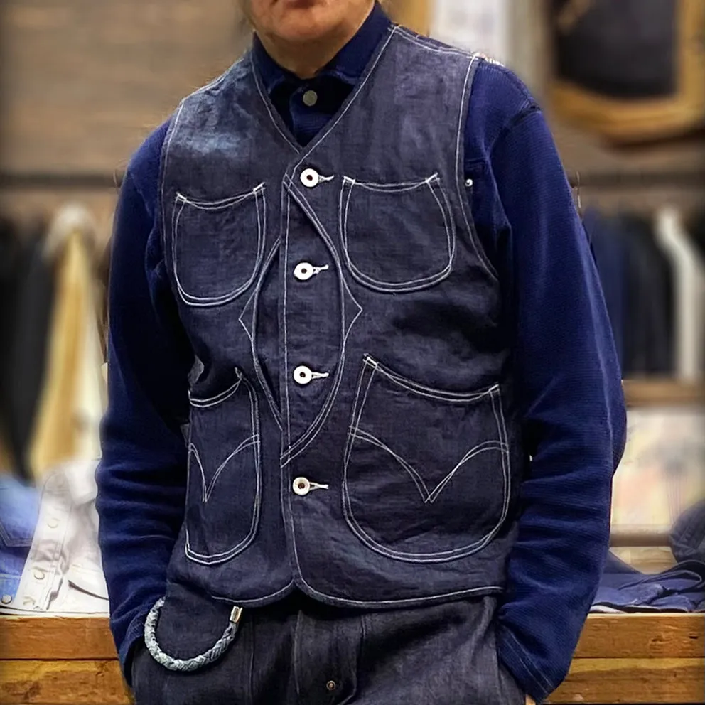 DDL 320R-BRETT2 LUCKY-D6 REGULAR FIT VINTAGE INSPIRED LINED 6 POCKET DEAD STOCK LHT INDIGO DENIM VEST-13OZ-HRH INDIGO