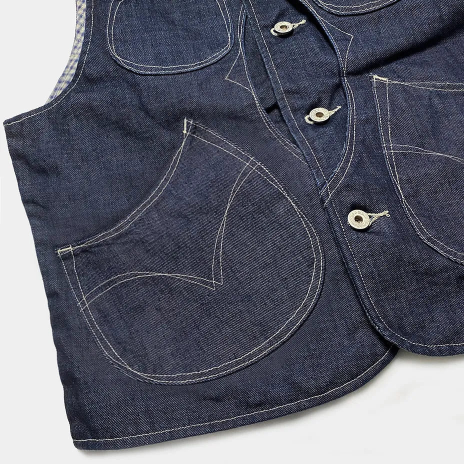 DDL 320R-BRETT2 LUCKY-D6 REGULAR FIT VINTAGE INSPIRED LINED 6 POCKET DEAD STOCK LHT INDIGO DENIM VEST-13OZ-HRH INDIGO
