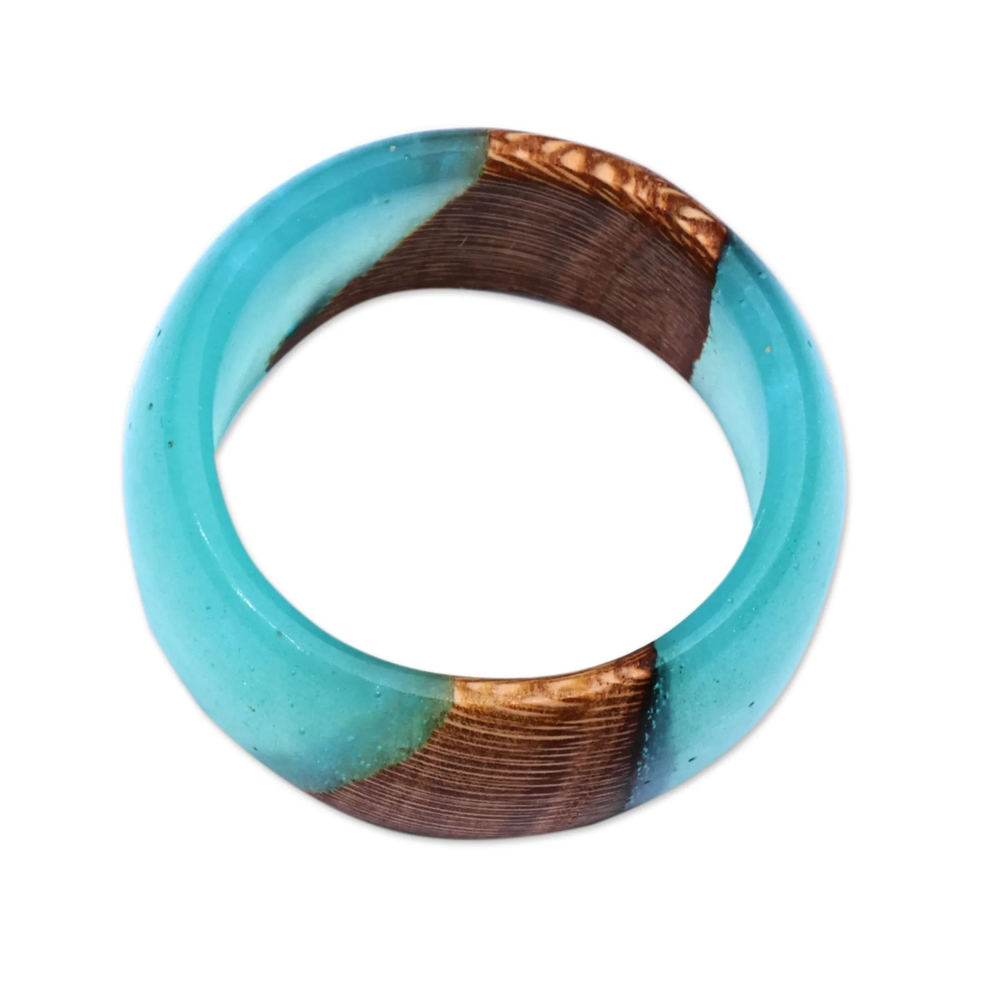 Handcrafted Apricot Wood and Turquoise Resin Band Ring - Turquoise Emblem | NOVICA