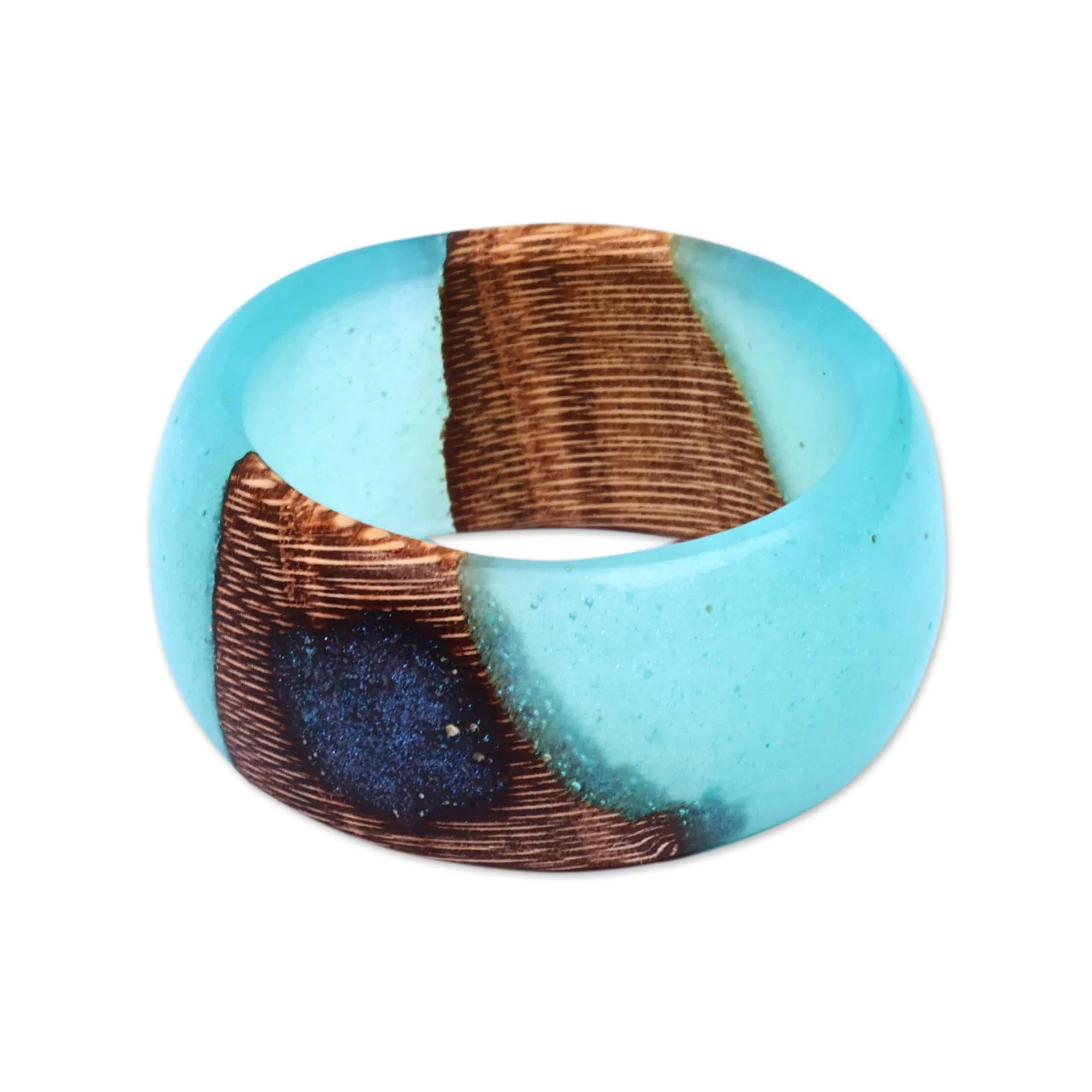 Handcrafted Apricot Wood and Turquoise Resin Band Ring - Turquoise Emblem | NOVICA