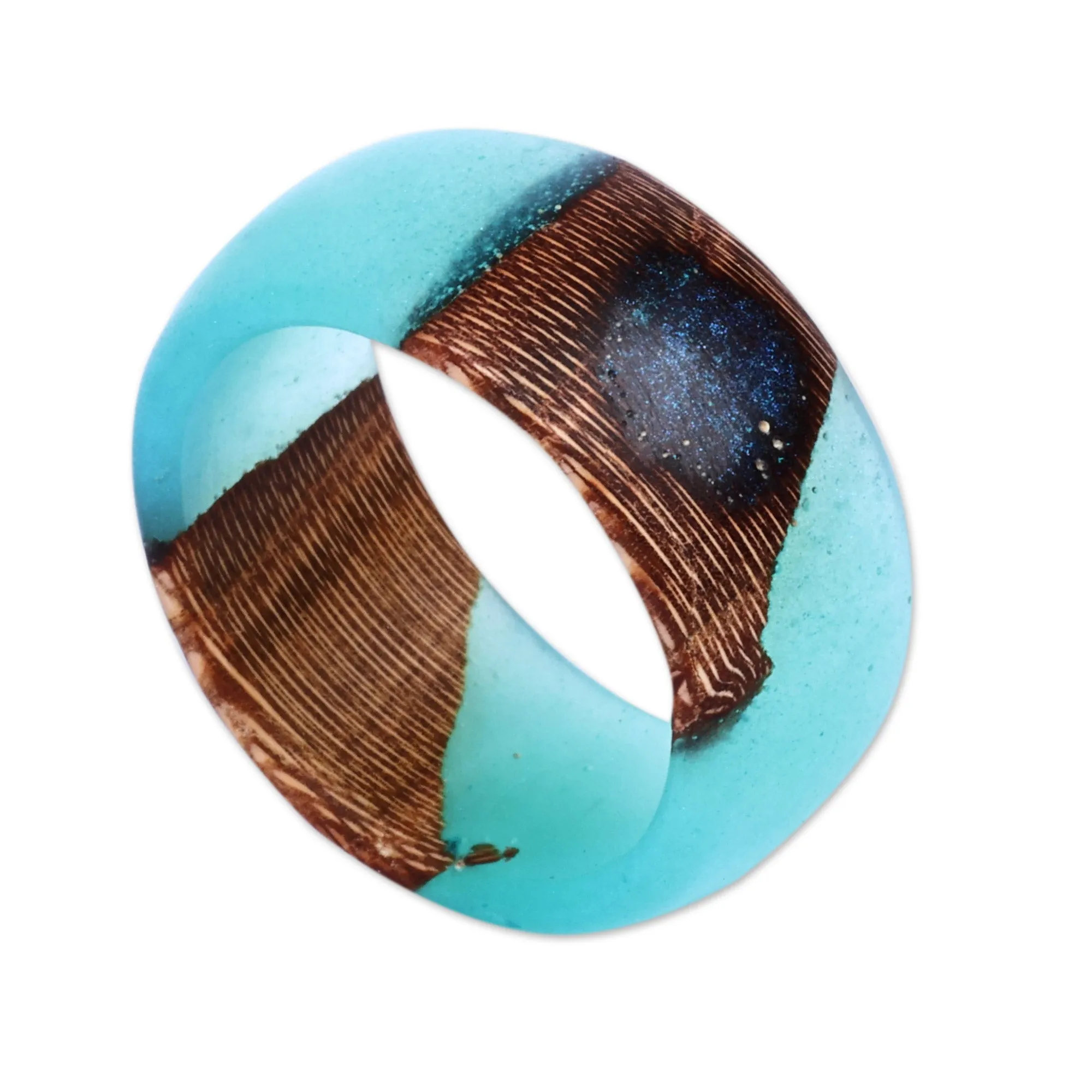 Handcrafted Apricot Wood and Turquoise Resin Band Ring - Turquoise Emblem | NOVICA