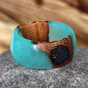 Handcrafted Apricot Wood and Turquoise Resin Band Ring - Turquoise Emblem | NOVICA