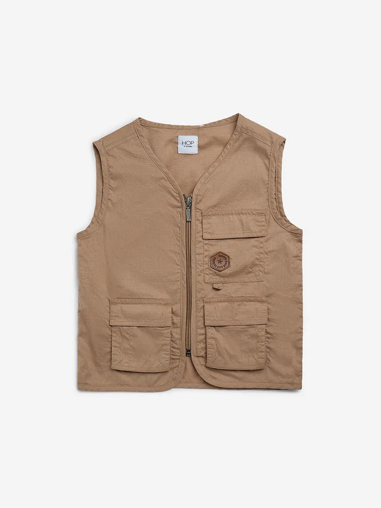 HOP Kids Brown Cotton Blend Utility Vest Jacket