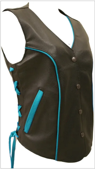 Ladies Made in USA Black Leather Motorcycle Vest with Purple Trim Side Laces