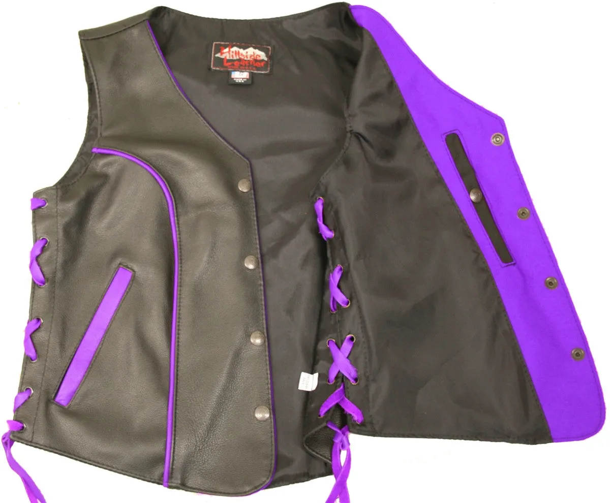 Ladies Made in USA Black Leather Motorcycle Vest with Purple Trim Side Laces