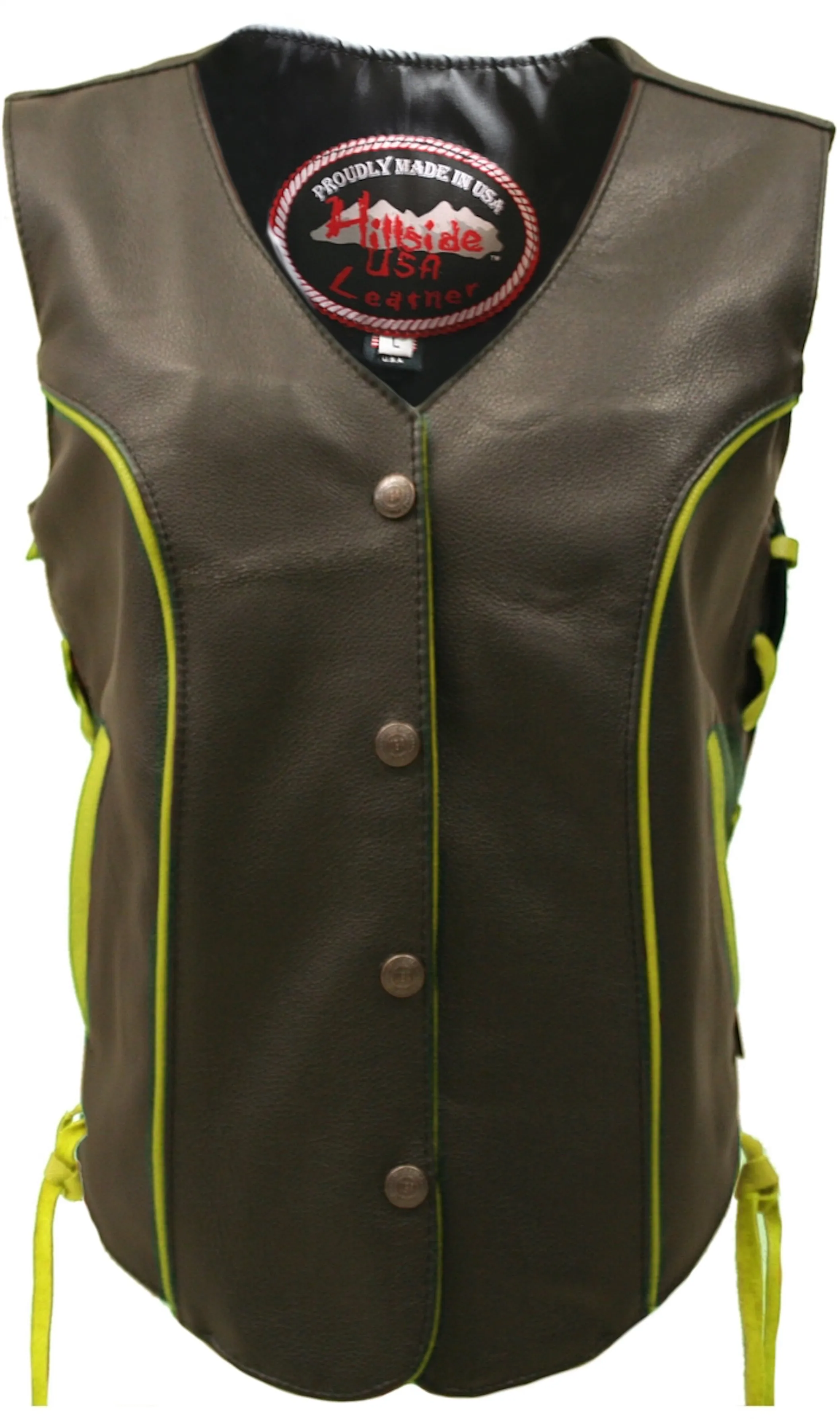 Ladies Made in USA Black Leather Motorcycle Vest with Purple Trim Side Laces