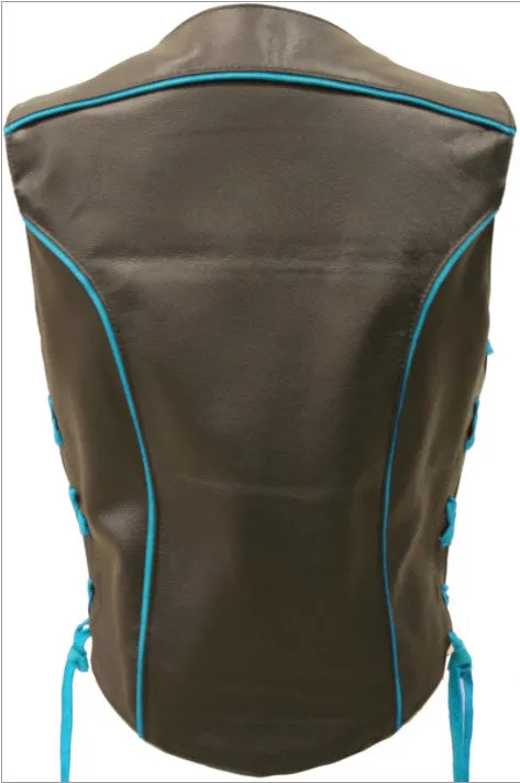 Ladies Made in USA Black Leather Motorcycle Vest with Purple Trim Side Laces