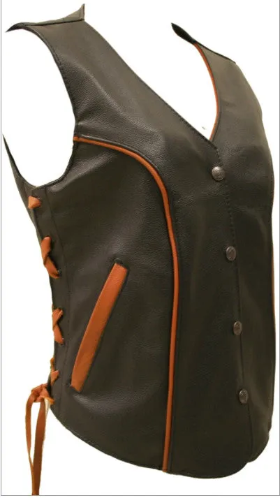 Ladies Made in USA Black Leather Motorcycle Vest With Red Trim Side Laces