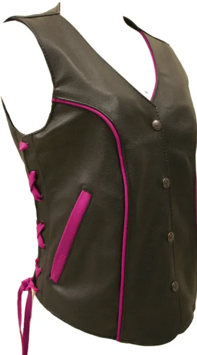 Ladies Made in USA Black Leather Motorcycle Vest With Red Trim Side Laces