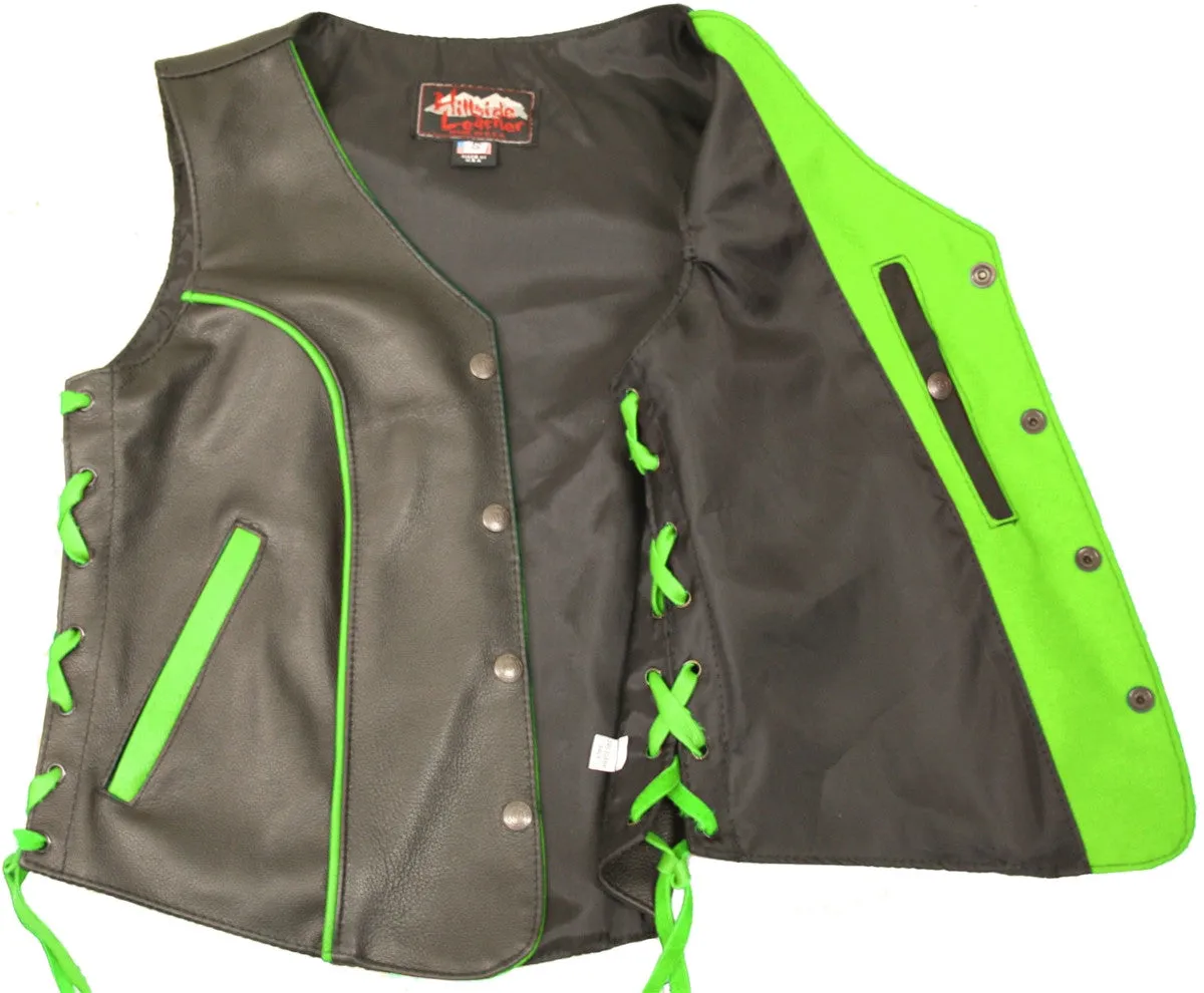 Ladies Made in USA Black Leather Motorcycle Vest With Red Trim Side Laces