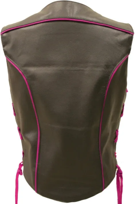 Ladies Made in USA Black Leather Motorcycle Vest With Red Trim Side Laces