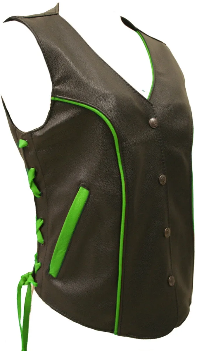 Ladies Made in USA Black Leather Motorcycle Vest With Red Trim Side Laces