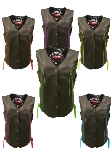Ladies Made in USA Black Leather Motorcycle Vest With Yellow Trim Side Laces