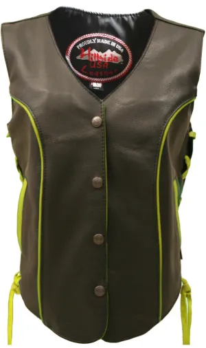 Ladies Made in USA Black Leather Motorcycle Vest With Yellow Trim Side Laces