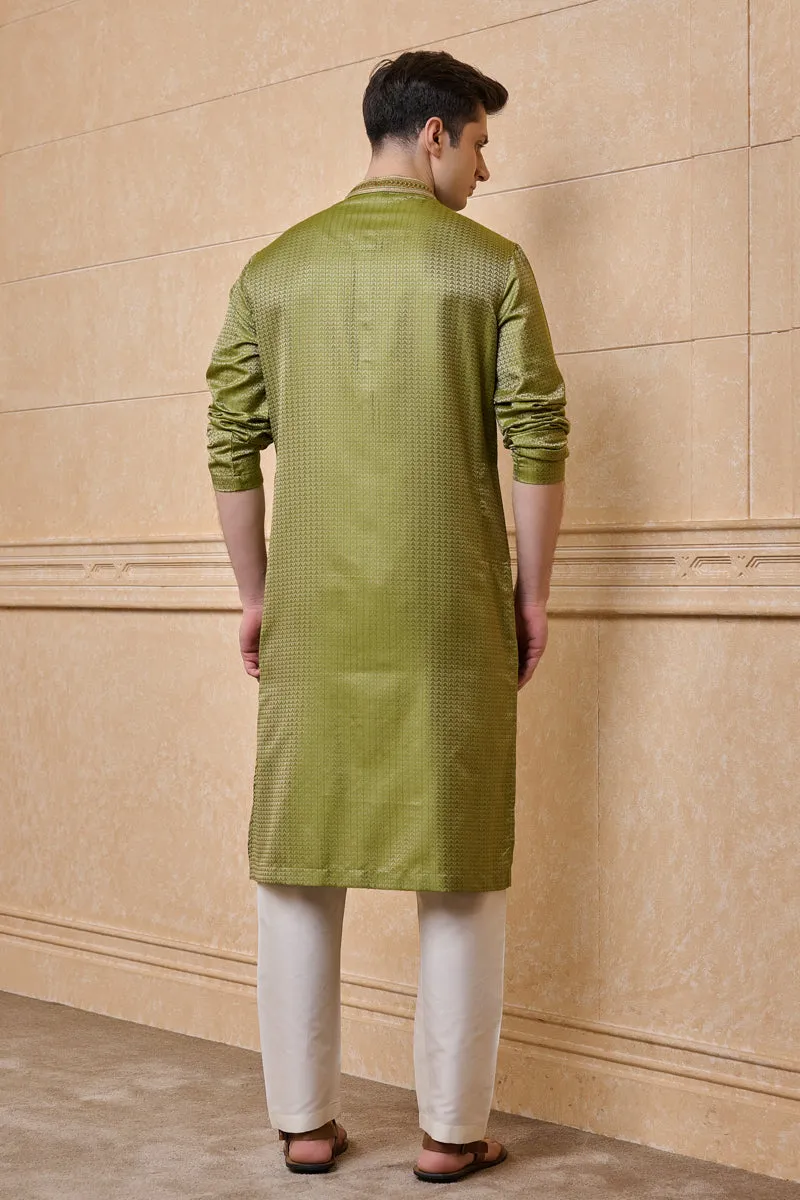 Light Green Jacquard Kurta Set With All Over Embroidery