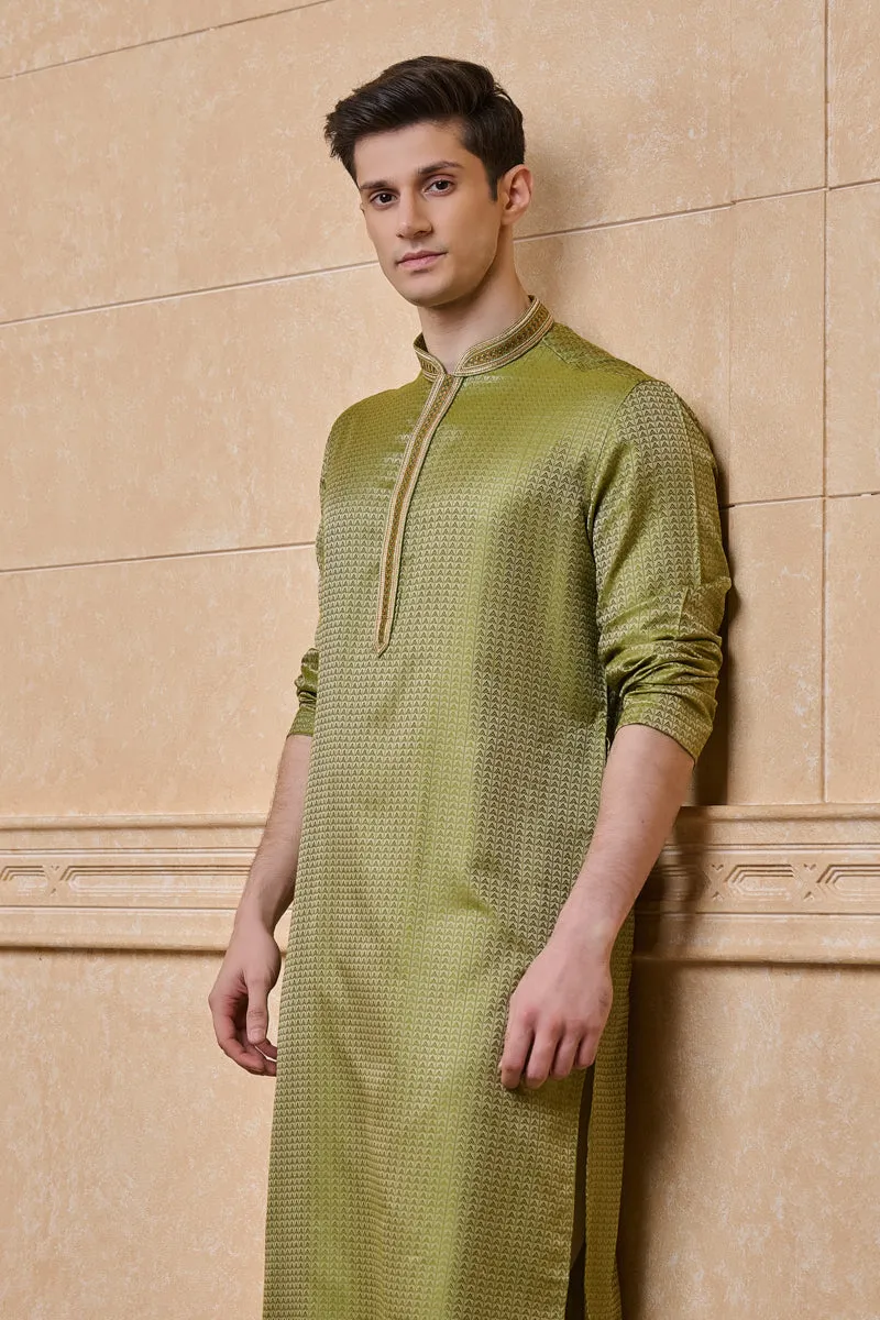 Light Green Jacquard Kurta Set With All Over Embroidery
