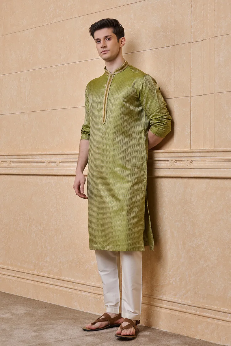 Light Green Jacquard Kurta Set With All Over Embroidery