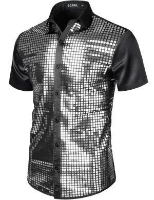 Men's Black/Silver Metallic Sequin Shiny Short Sleeve Short