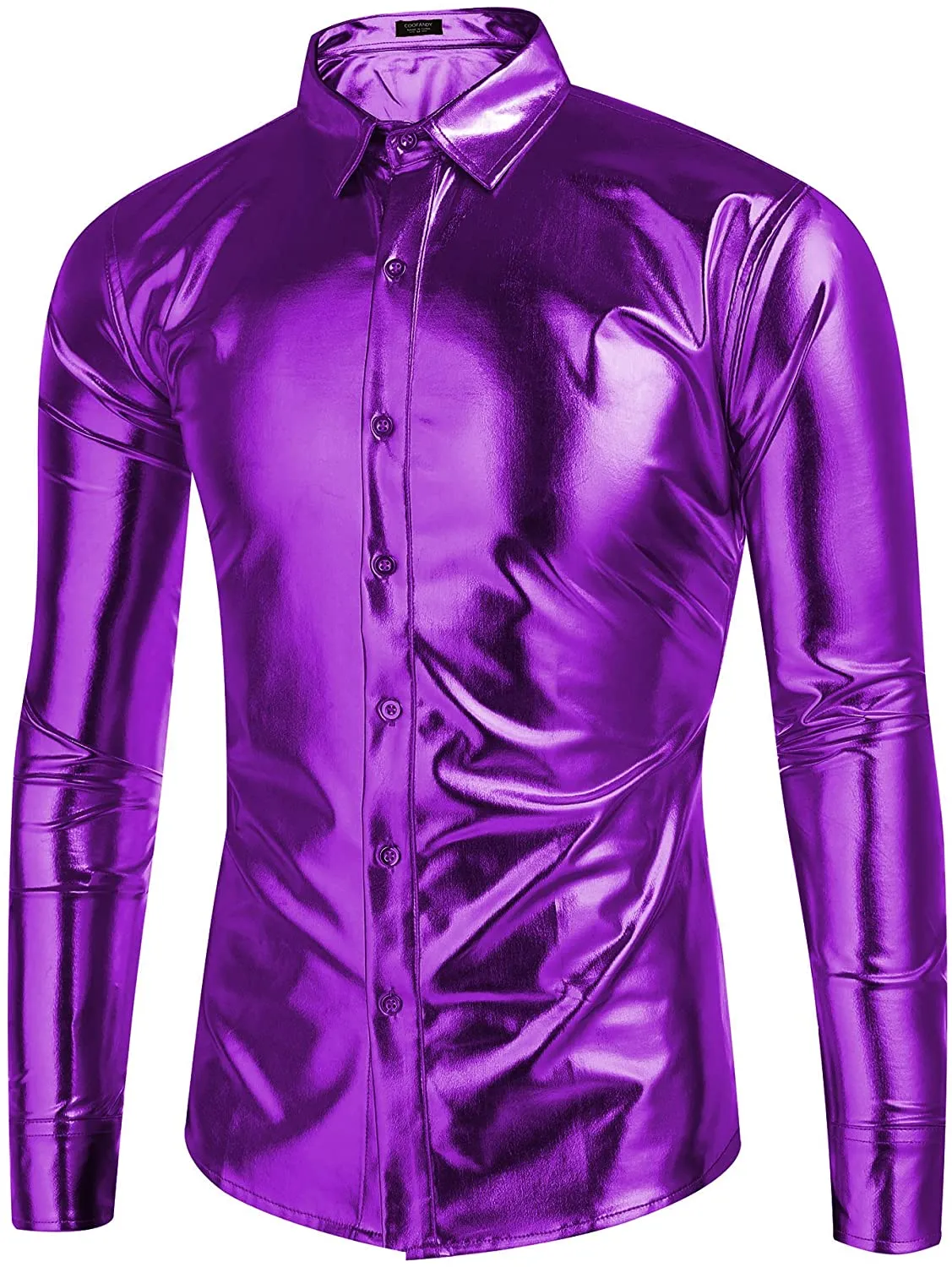 Metallic Shiny Purple Long Sleeve Slim Fit Button Down Party Shirts