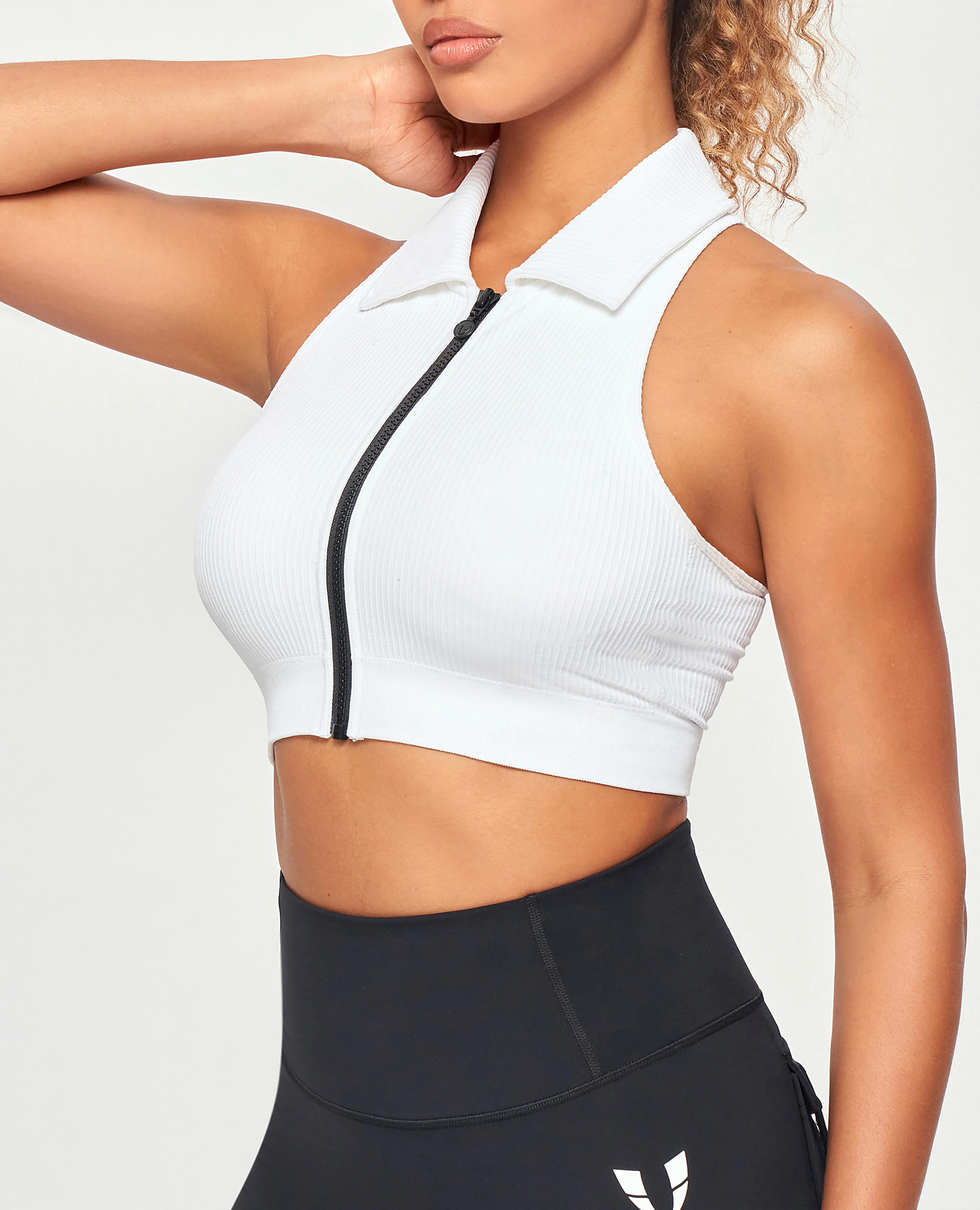 Ribbed Full Zip Padded Tank Top - White