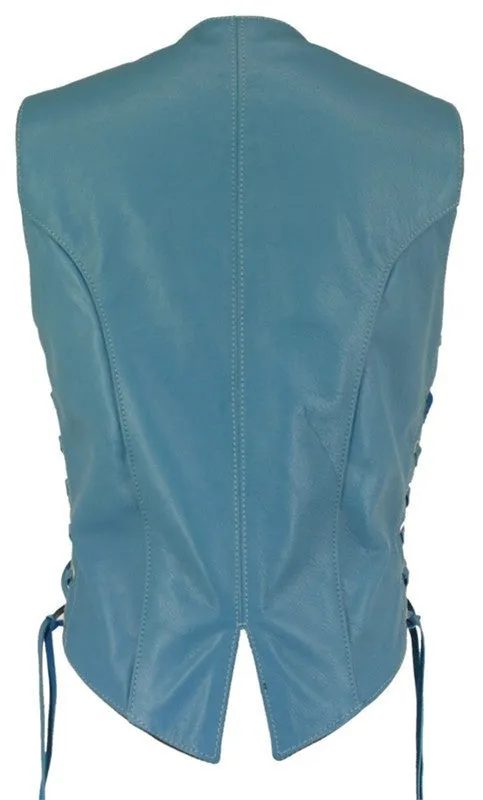 Women's Turquoise Made in USA Leather Motorcycle Vest Side Laces